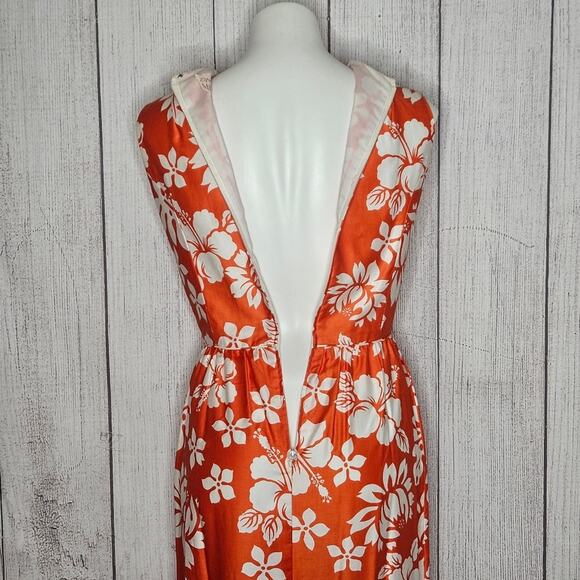 VTG 60s Elfriede for Mitch Robert Orange & White Hawaiian Hibiscus Floral Dress - Picture 7 of 9